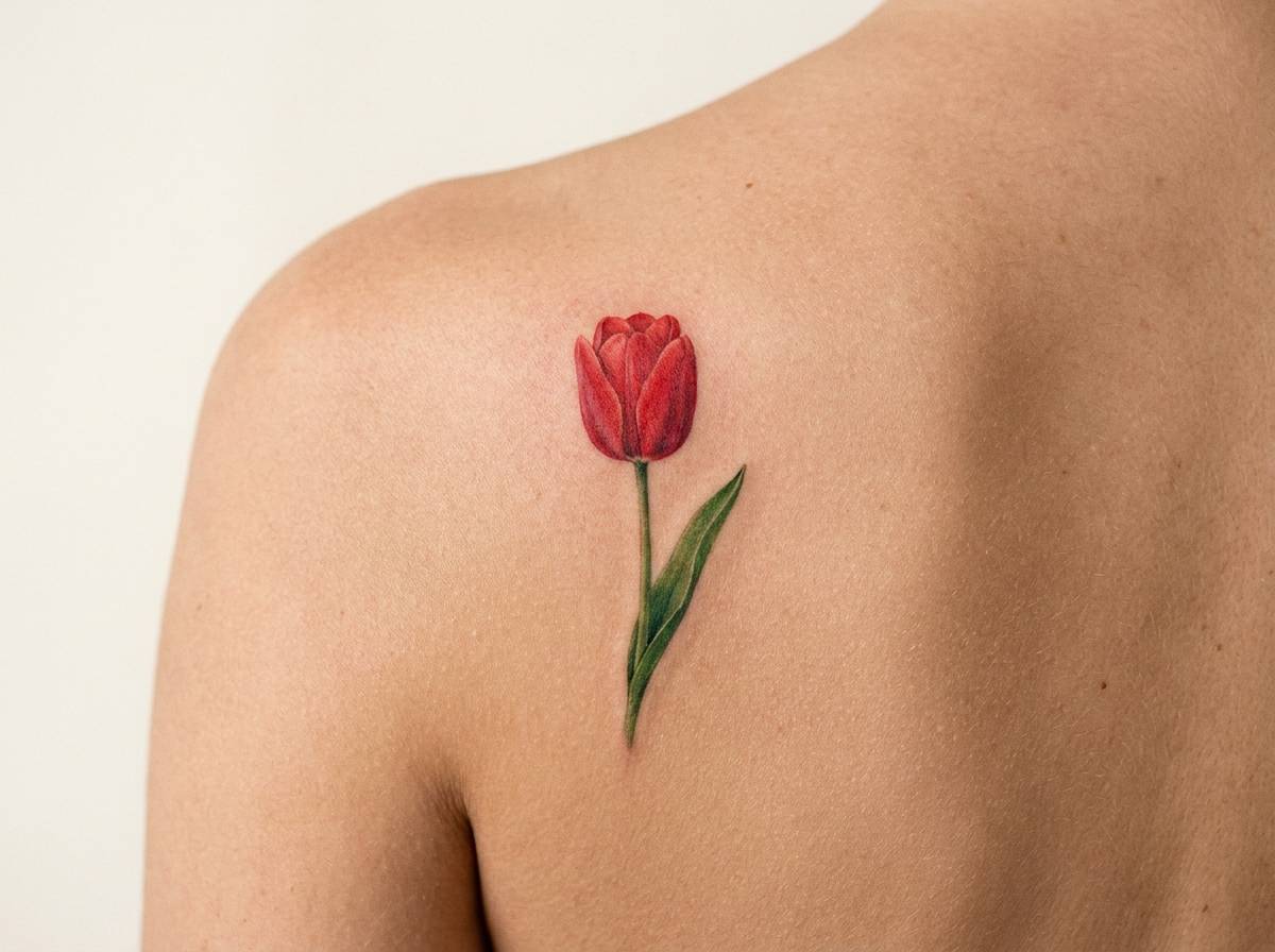 Czerwony tulipan na łopatce, pełne wypełnienie koloru, symbol miłości doskonałej
