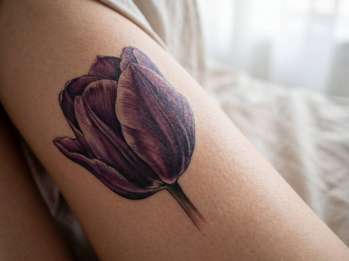 Fioletowy tulipan na udzie, głęboki purpurowy kolor w dostojnym stylu