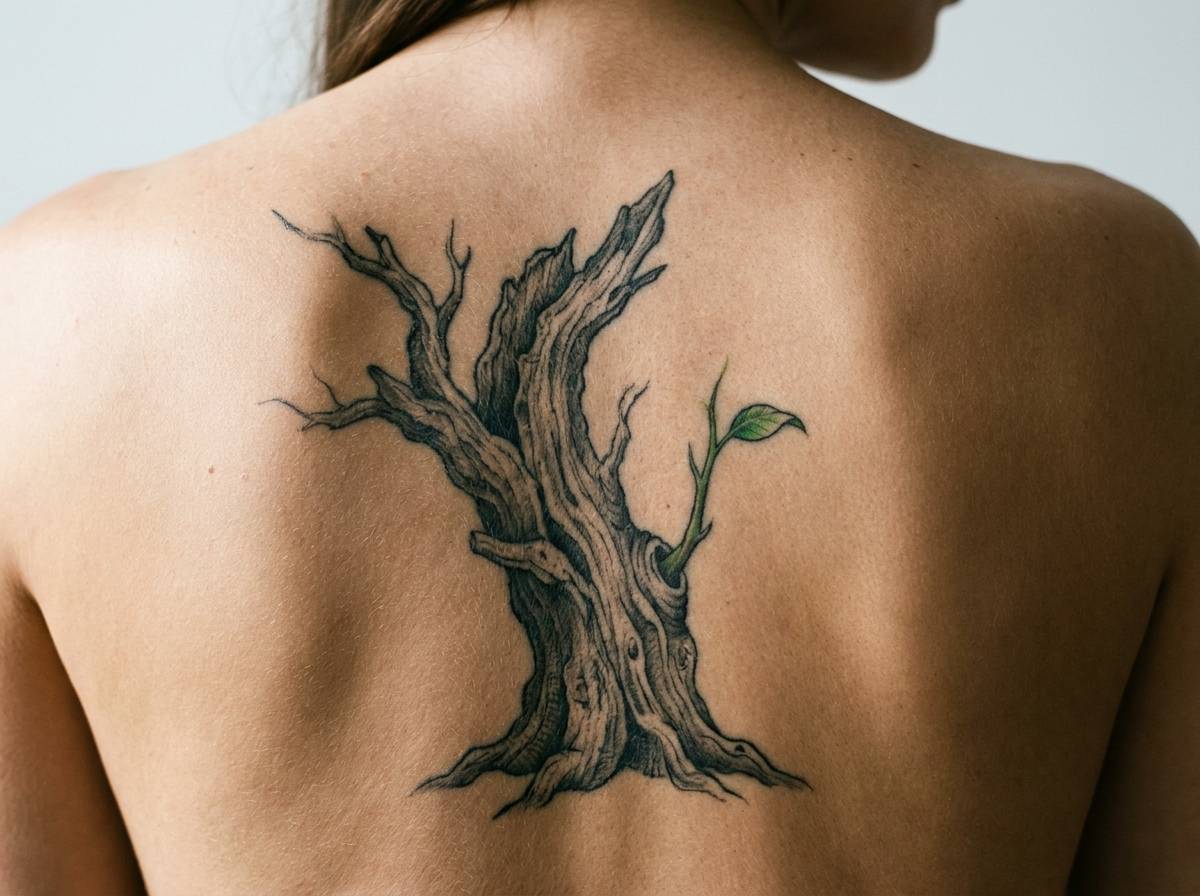 Uschnięte drzewo na plecach z nowym pędem, symbol odrodzenia po kryzysie
