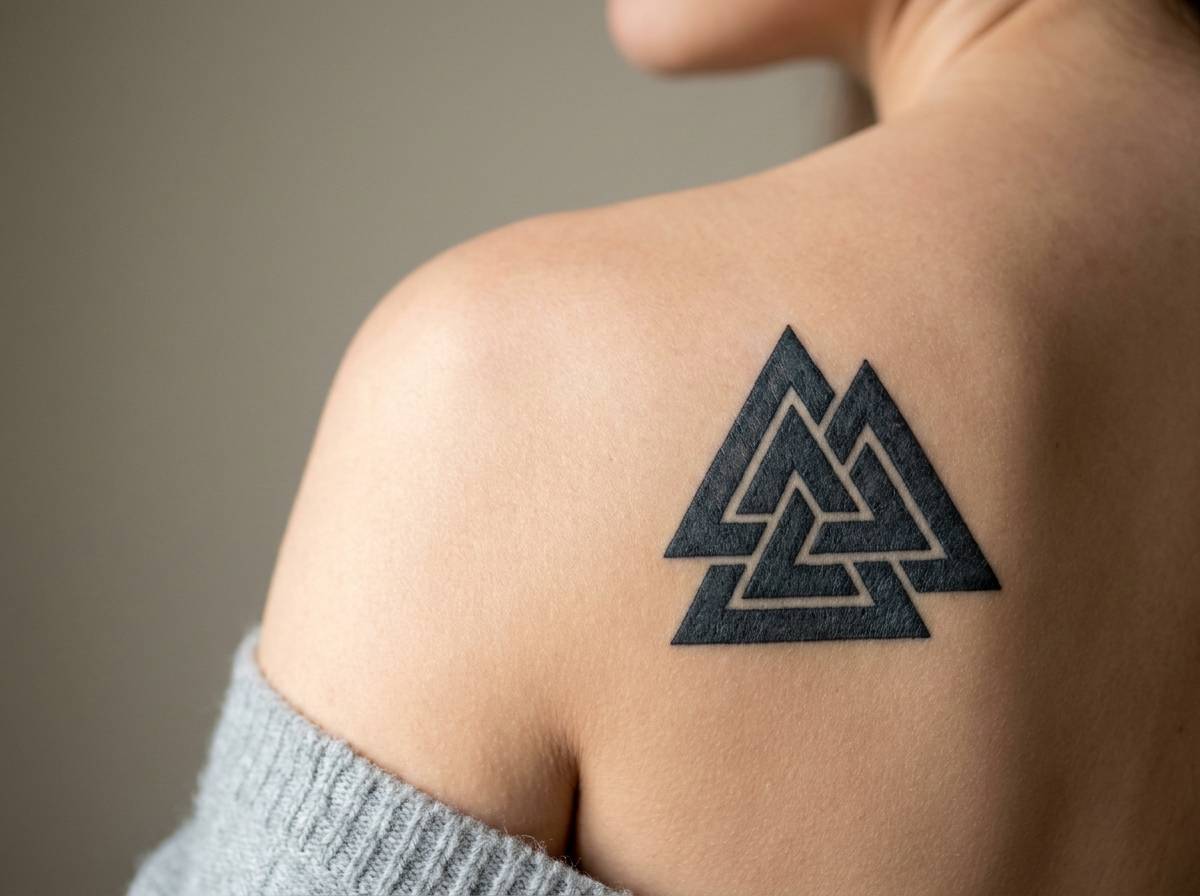 Tatuaż Valknut na łopatce, trzy przenikające się trójkąty