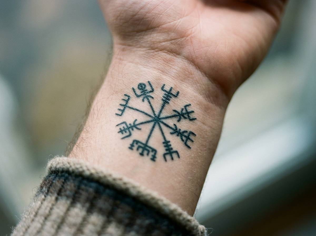 Symetryczny tatuaż Vegvisir na nadgarstku, ośmioramienny znak zbudowany z run