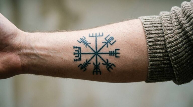 Symetryczny tatuaż Vegvisir na przedramieniu, ośmioramienny znak zbudowany z run