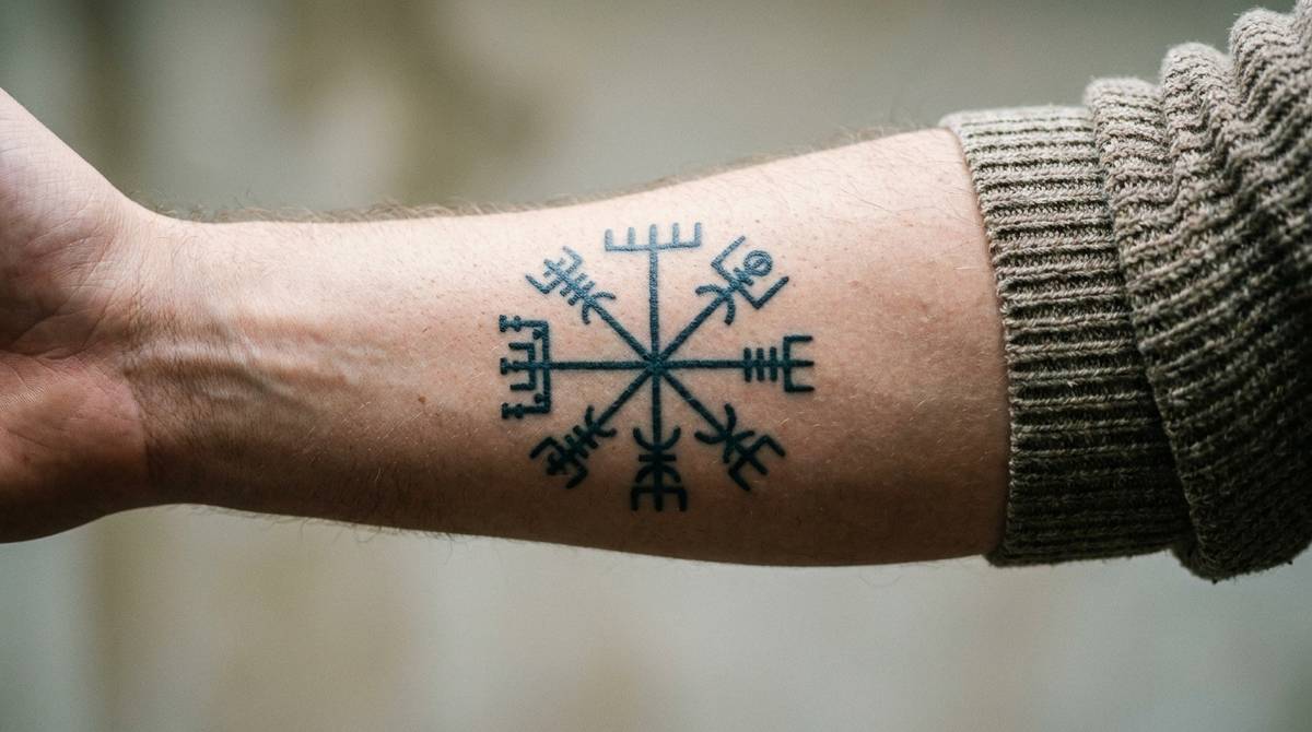 Symetryczny tatuaż Vegvisir na przedramieniu, ośmioramienny znak zbudowany z run
