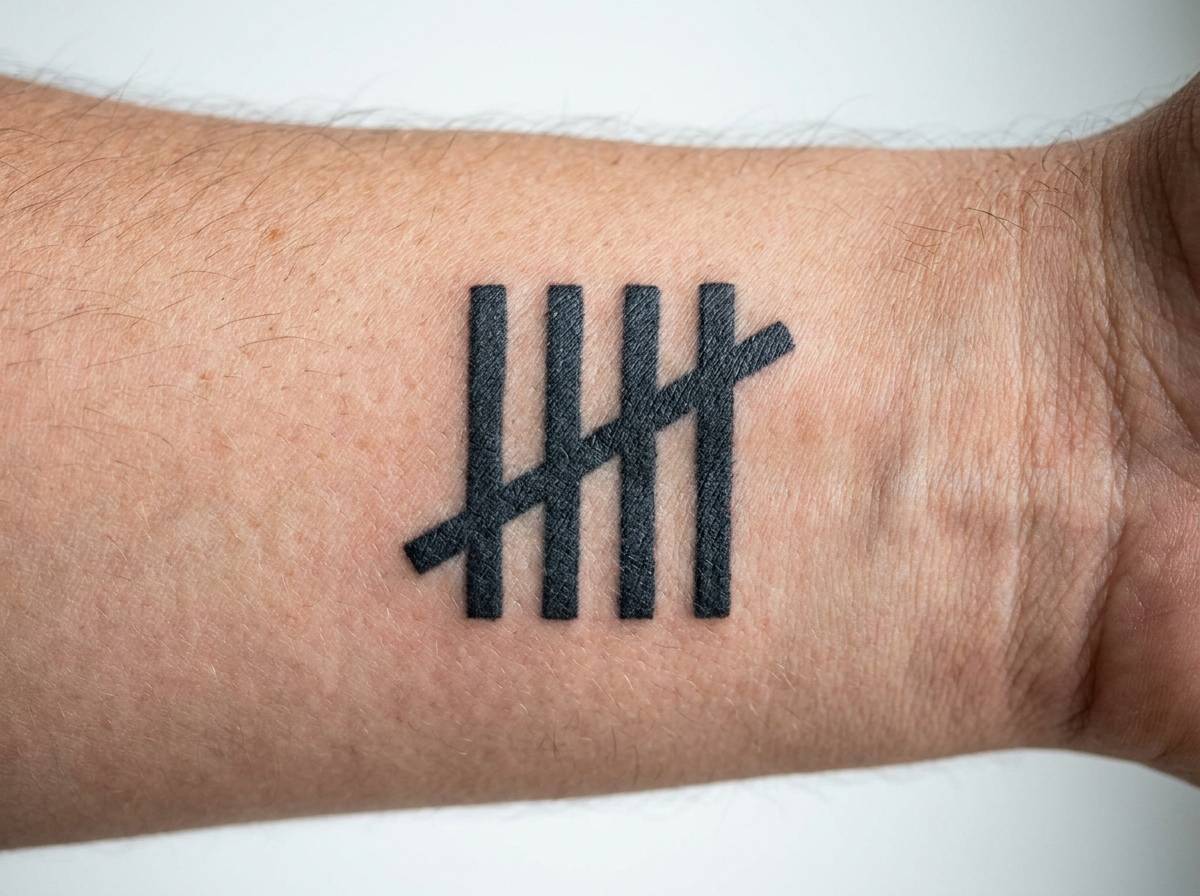 Tatuaż w paski z czterema i więcej paskami w układzie tally marks na przedramieniu