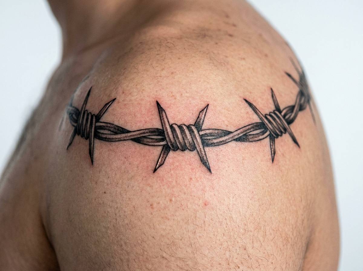 Tatuaż w paski w stylu drutu kolczastego otaczający ramię