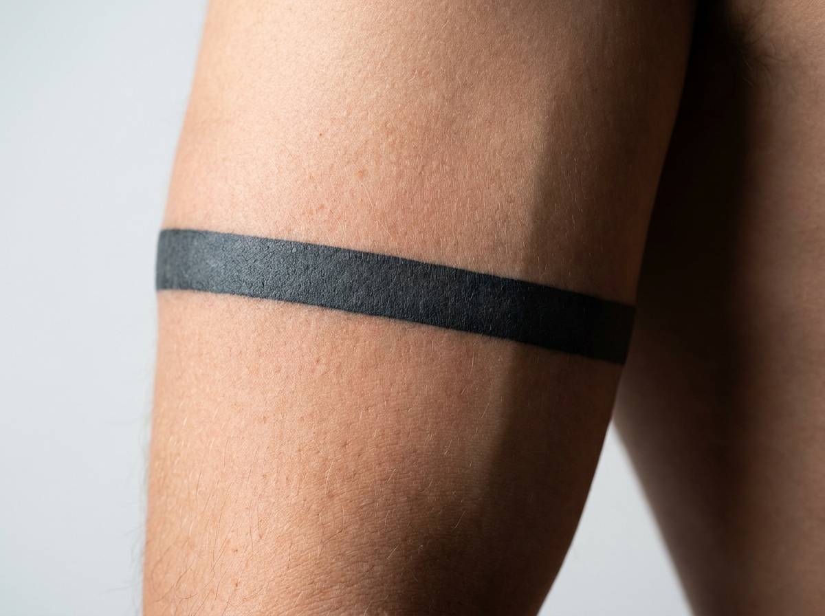 Tatuaż w paski jako okrężna czarna linia otaczająca ramię w stylu blackwork