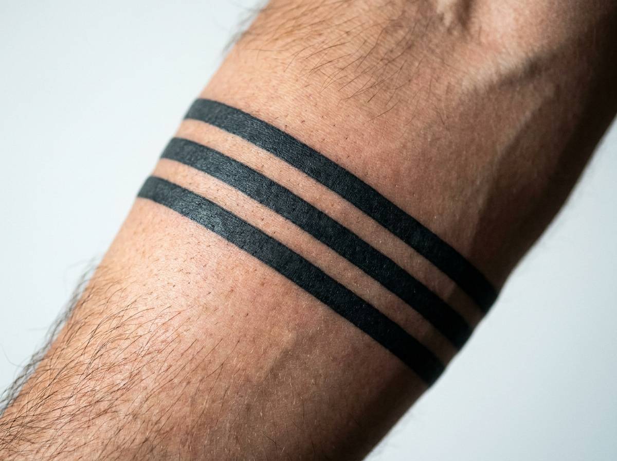 Tatuaż w paski z trzema równymi paskami na przedramieniu