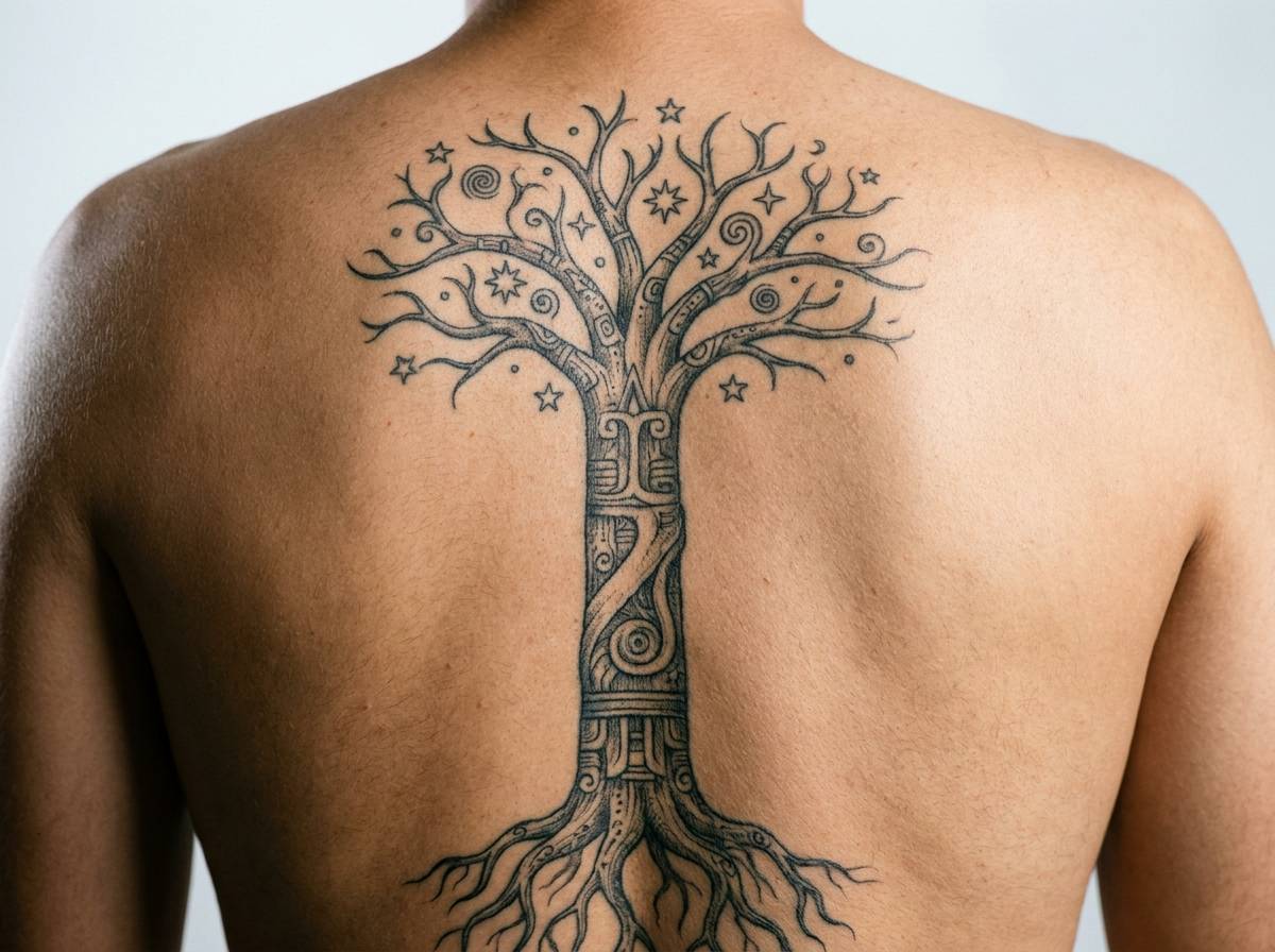 Tatuaż Wacah Chan, kosmicznego drzewa ceiba, z korzeniami i gałęziami na plecach