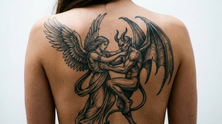Tatuaż anioła i demona na plecach, symbolizujący wewnętrzną walkę z samym sobą