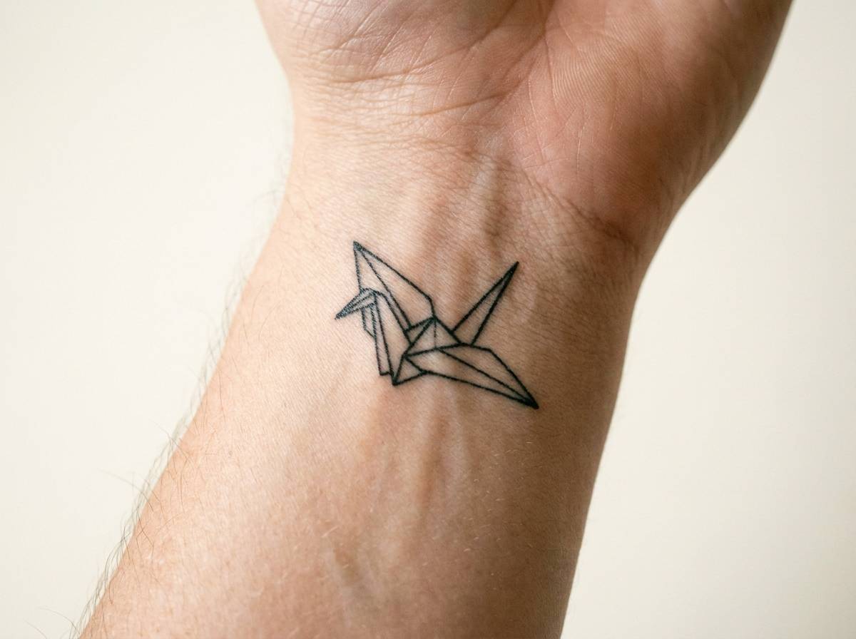 Geometryczny żuraw origami wytatuowany na nadgarstku