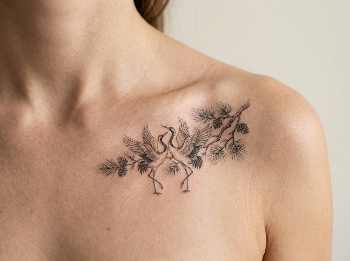 Para żurawi wytatuowana na obojczyku jako symbol wierności