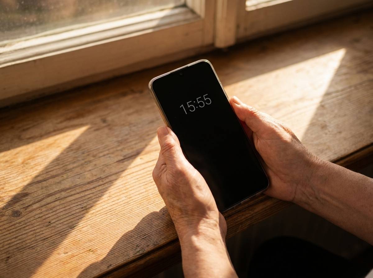 Dłonie trzymające wyciszony telefon z ciemnym ekranem w popołudniowym świetle wpadającym przez okno