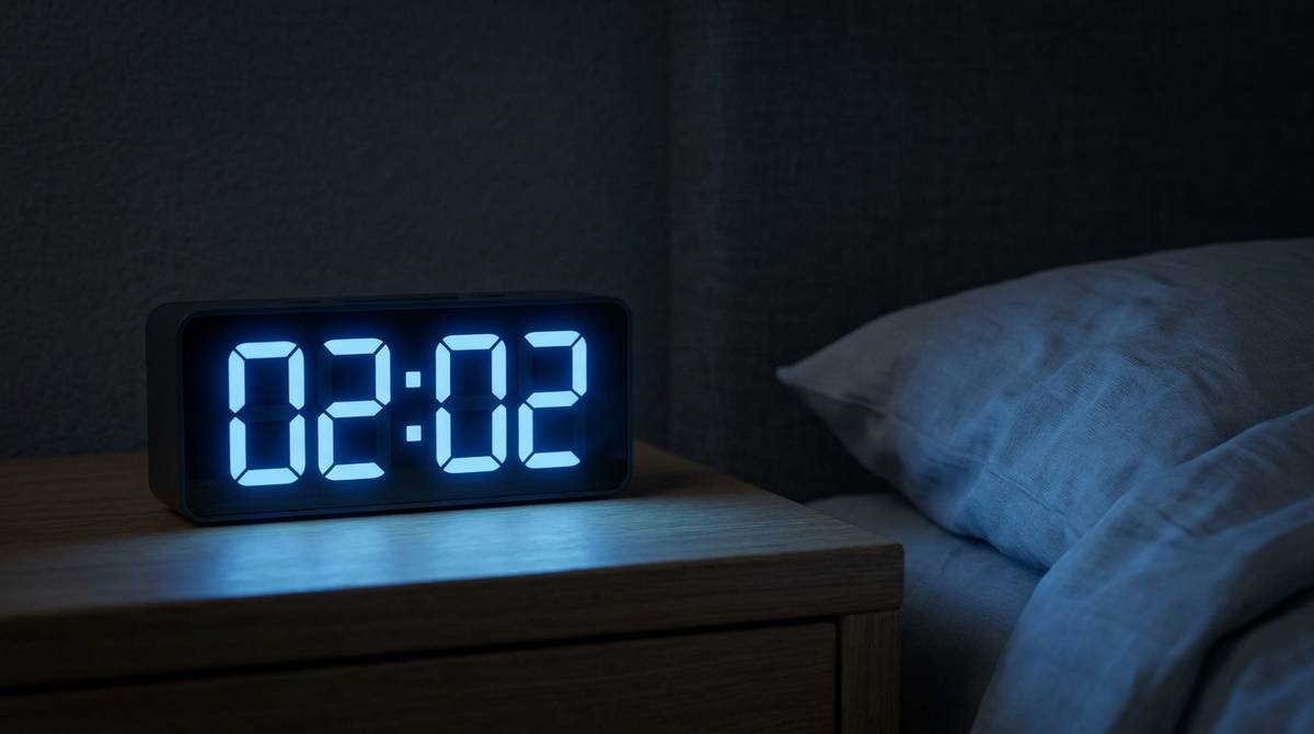 Wyświetlacz cyfrowego zegara pokazujący 02:02 w ciemnym pomieszczeniu nocą