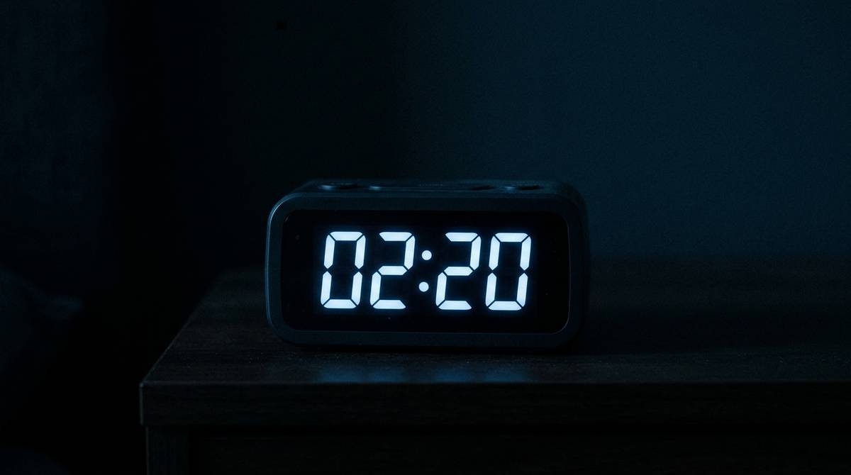 Cyfrowy budzik w nocnej sypialni pokazujący godzinę 02:20 na ciemnoniebieskim wyświetlaczu