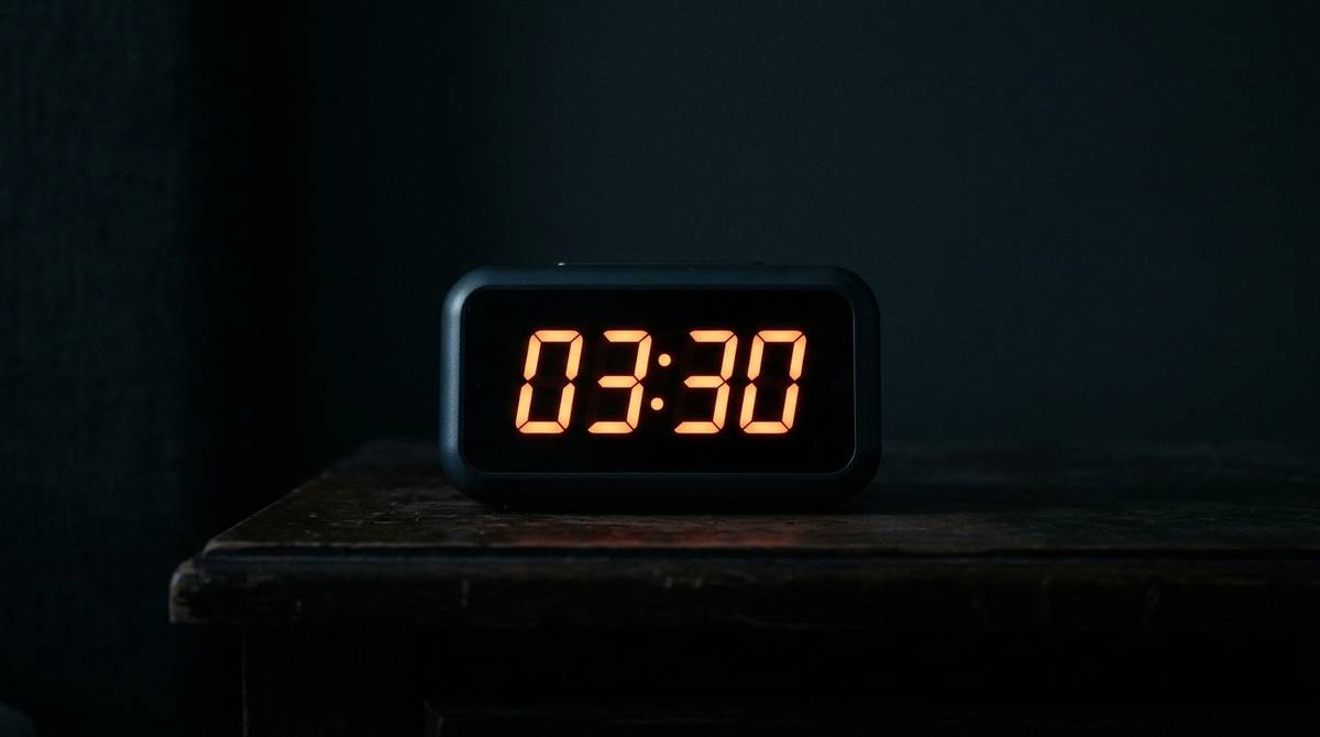 Wyświetlacz zegara cyfrowego pokazujący 03:30 na ciemnym tle w środku nocy