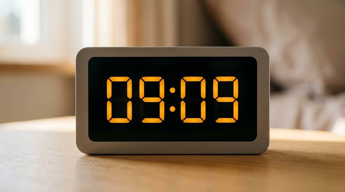 Zegar cyfrowy wskazujący godzinę 09:09 w ciepłym porannym świetle na neutralnym tle