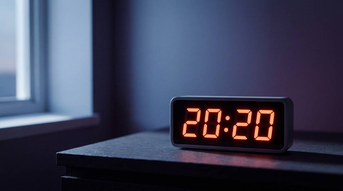 Wyświetlacz zegara cyfrowego pokazujący godzinę 20:20 o zmierzchu