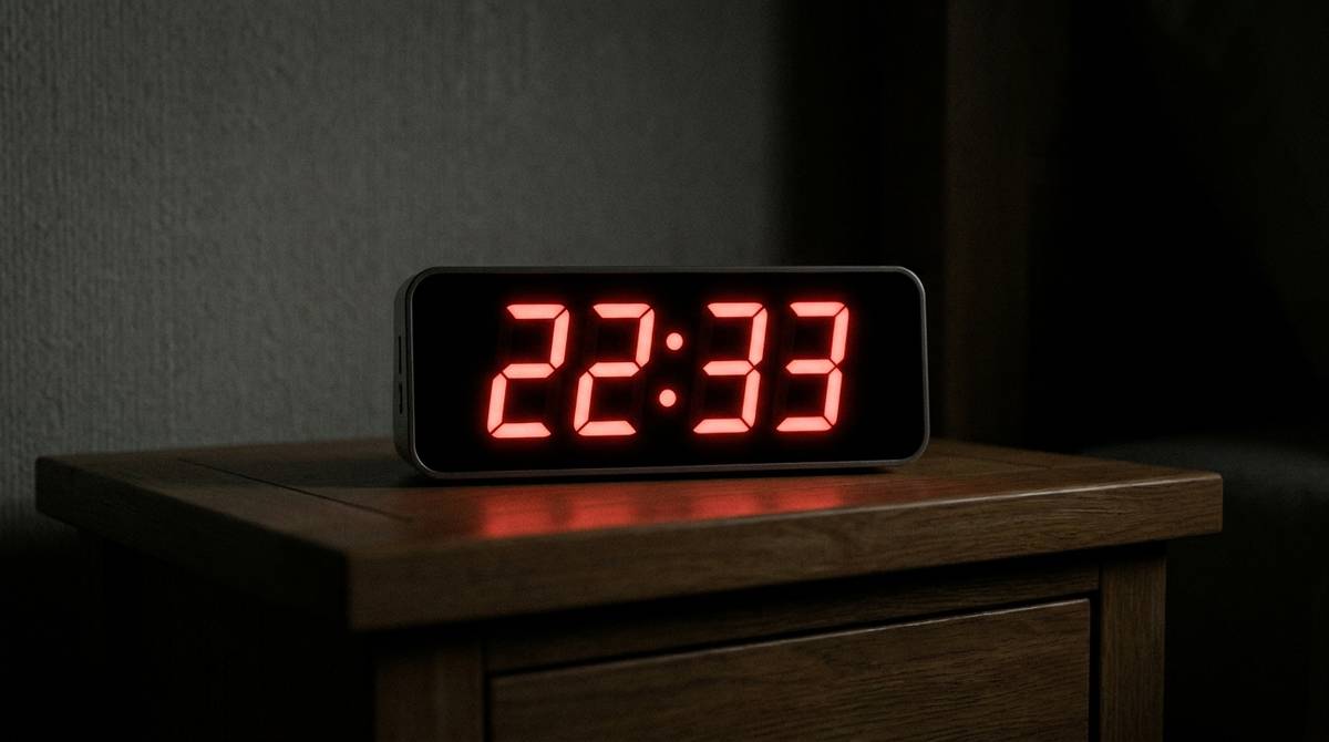 Wyświetlacz cyfrowego zegara pokazujący 22:33 w ciemnym pomieszczeniu nocą