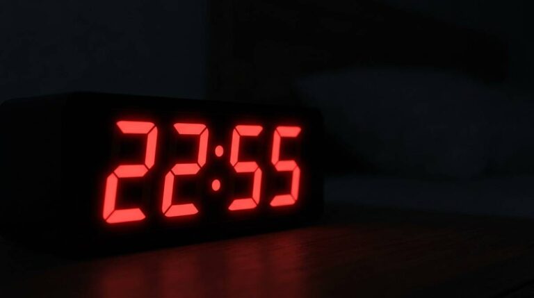 Wyświetlacz cyfrowego zegara pokazujący godzinę 22:55 w ciemnym pomieszczeniu nocą