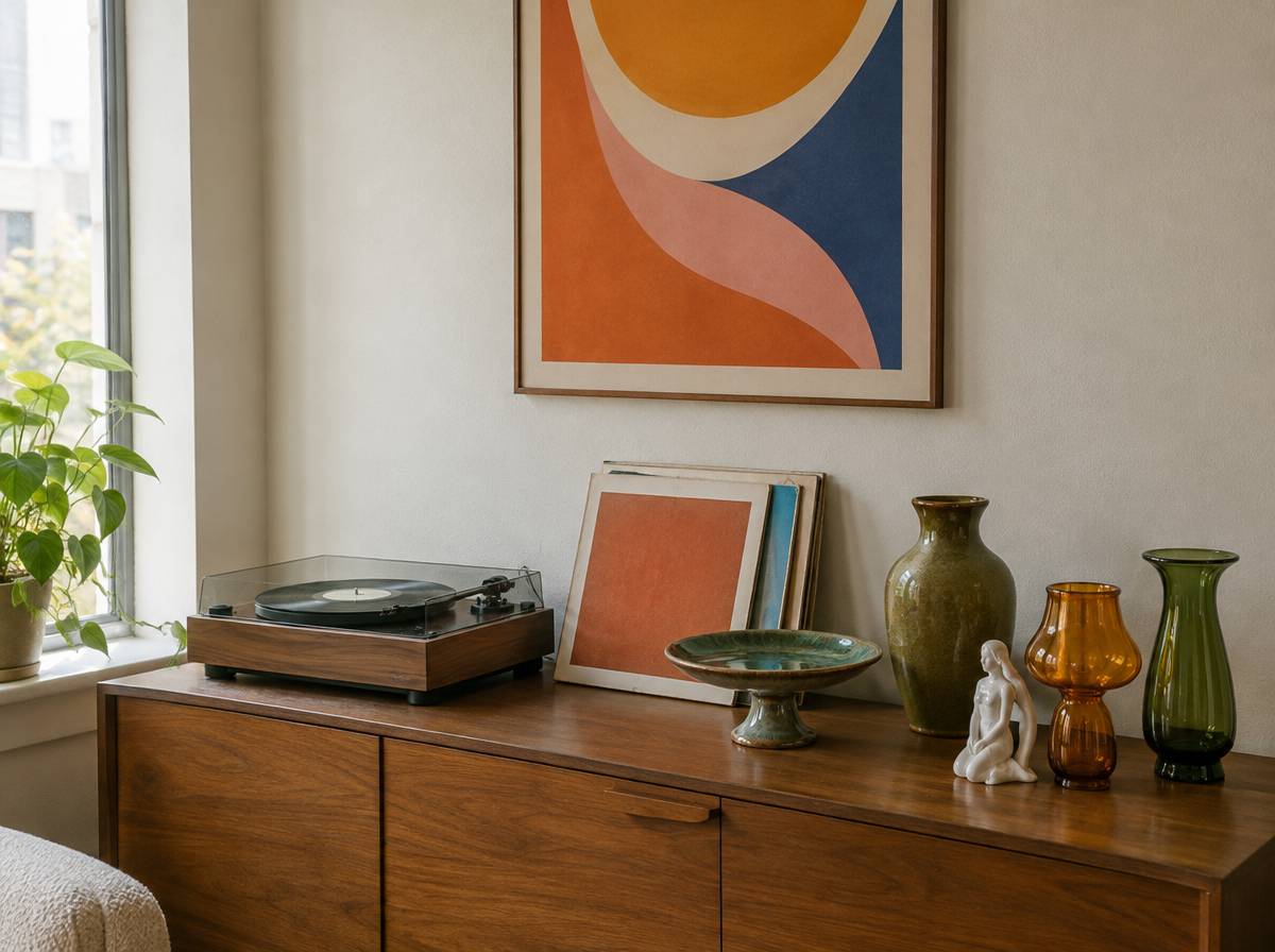 Gramofon na niskiej komodzie wśród ceramiki i kolorowego szkła, nad nim plakat w stylu retro