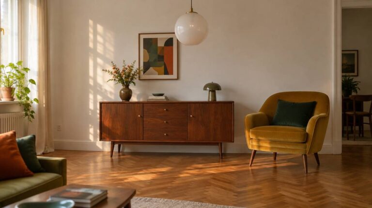 Salon retro z orzechową komodą na smukłych nóżkach, musztardowym fotelem, mleczną kulą i parkietem w jodełkę